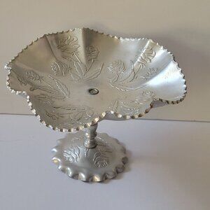 Handcrafted Aluminum Pedestal Dish With Rose Design & Scalloped Edge